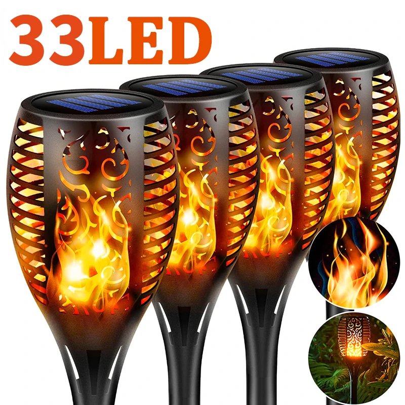 LED Solar Flame Torch Lights Flickering Light Waterproof Garden