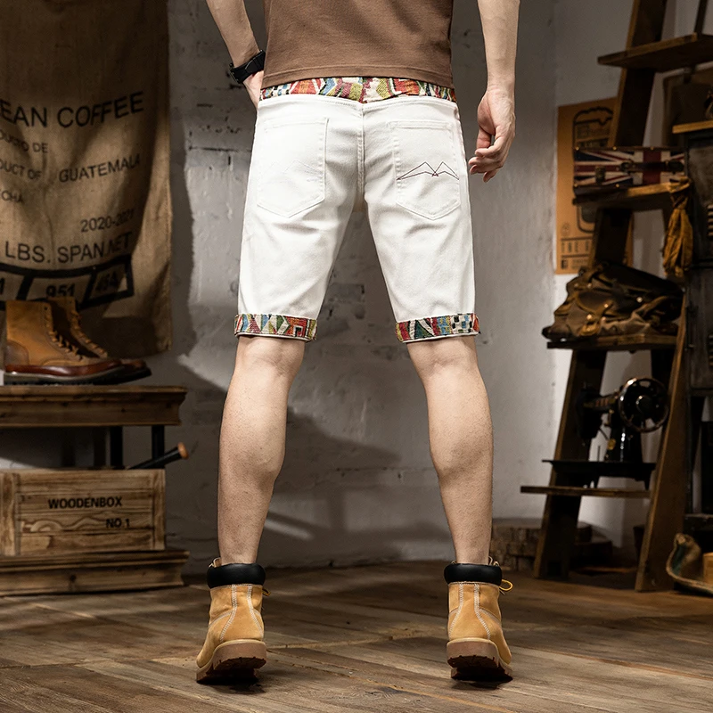 Denim Shorts Men's Summer Stretch Breathable Trendy Men's Personalized Fashion Embroidered Printed Slim Straight Casual Shorts