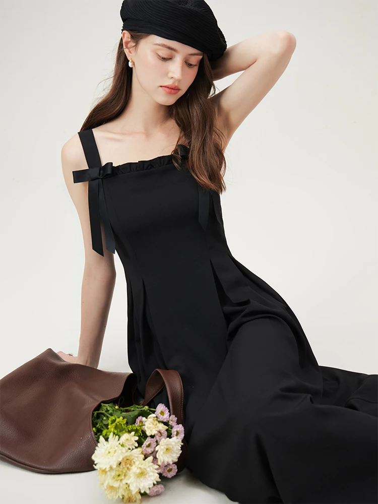 

FSLE Sleeveless Black Long Summer Dress Bow Decoration Temperament A-LINE Polyester Dress Office Lady Long Dresses 24FS12891
