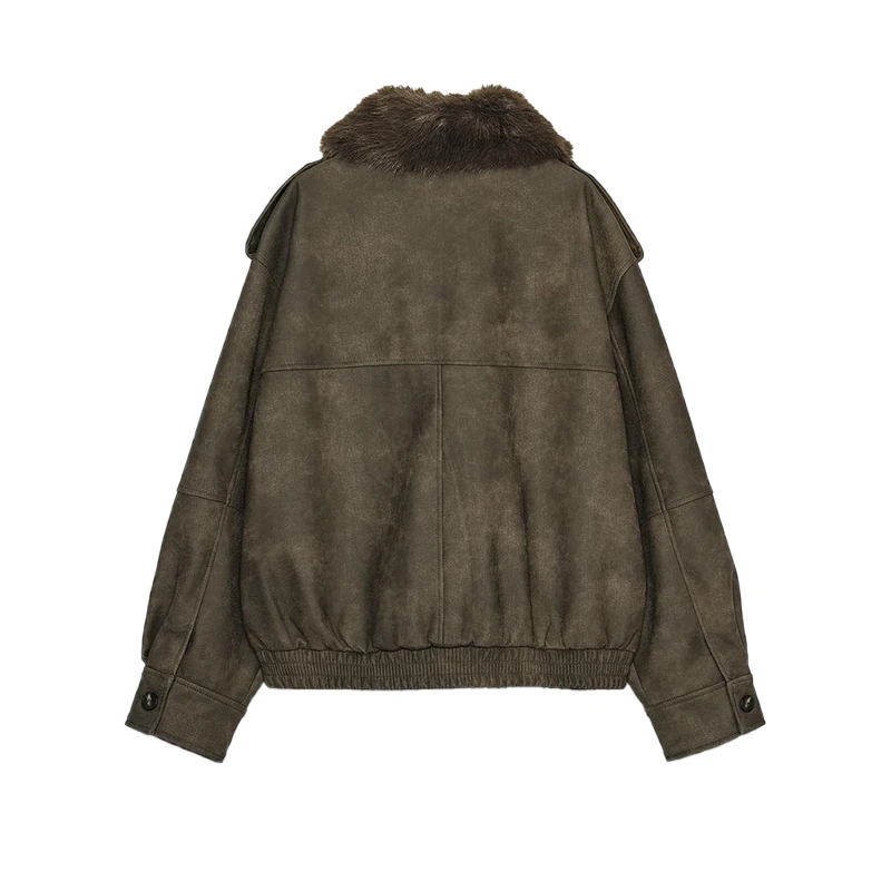 Vintage Damen-Jacke mit Kunstpelzkragen, kurzer Wildledermantel, Reißverschluss, warme Herbst-Winter-Oberbekleidung, High-Street-Outfit – Detail 2