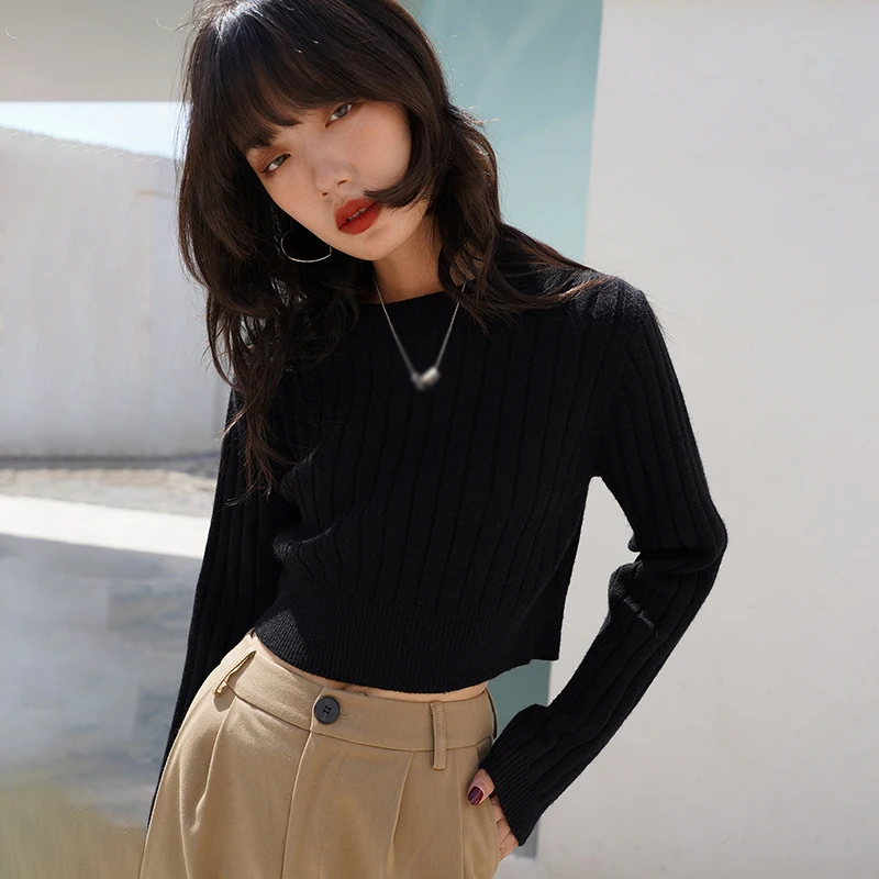 

Women's Sweater O Neck Basic Versatile Autumn Winter Solid Colour Long Sleeves Short Top Bottoming Shirt All-Match Inside Wear