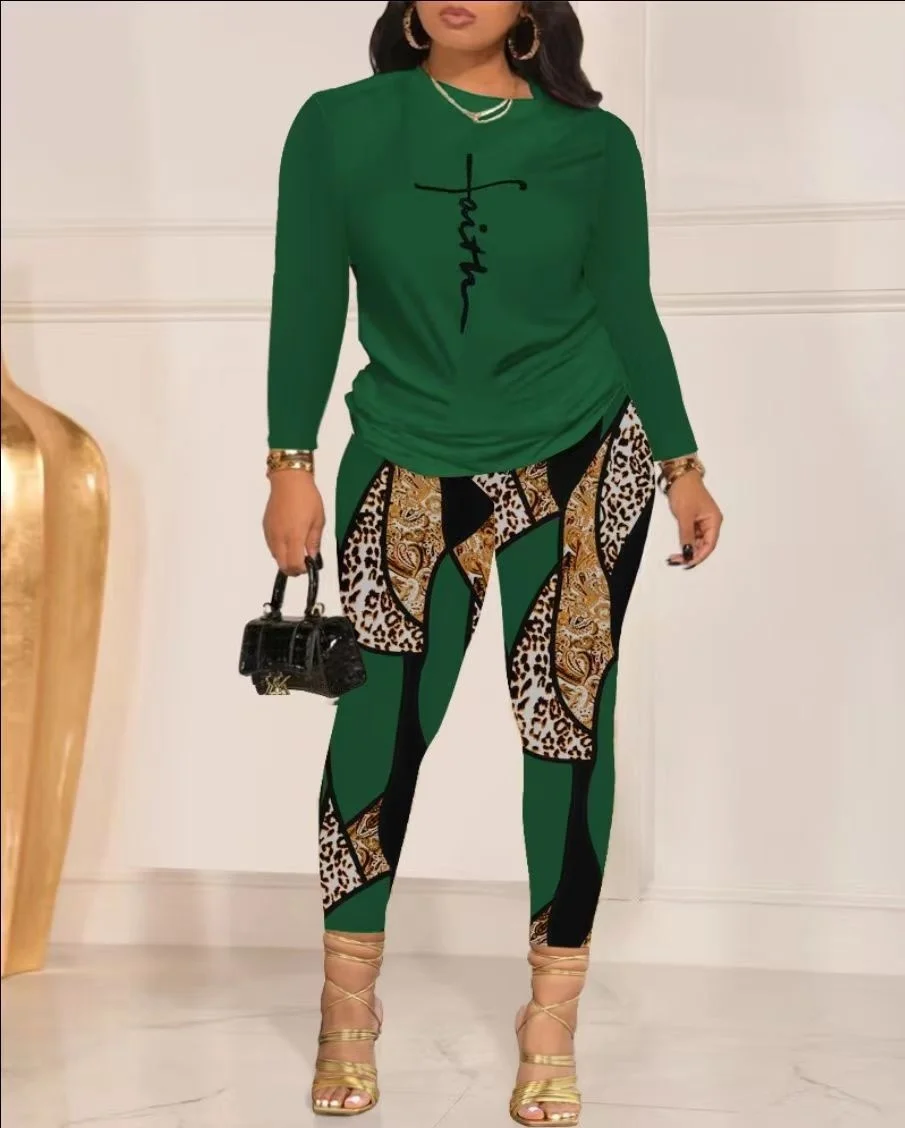 

Cutubly Autumn Casual Trousers Outfits Long Sleeve Loose Letter Shirt And Zebra Print Legging Pants Fashion 2 Piece Tracksuit
