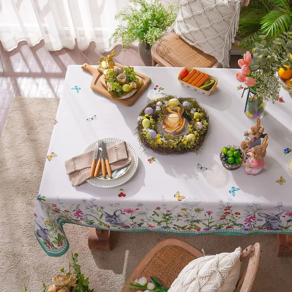 Nappe De Table Pâques - Motif Lapin Œufs Fleurs Printemps - Décoration Festive Salle à Manger 33x180cm