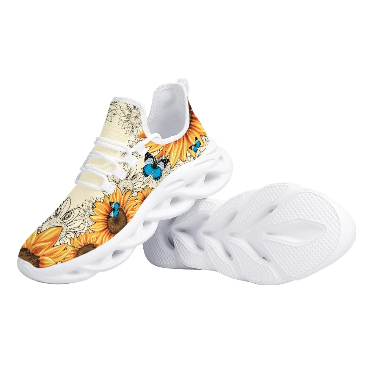 Pretty Butterfly Sunflower Print Ladies Flats Spring Autumn Outdoor Work Breathable Running Shoes Mesh Shock Absorbing Sneakers