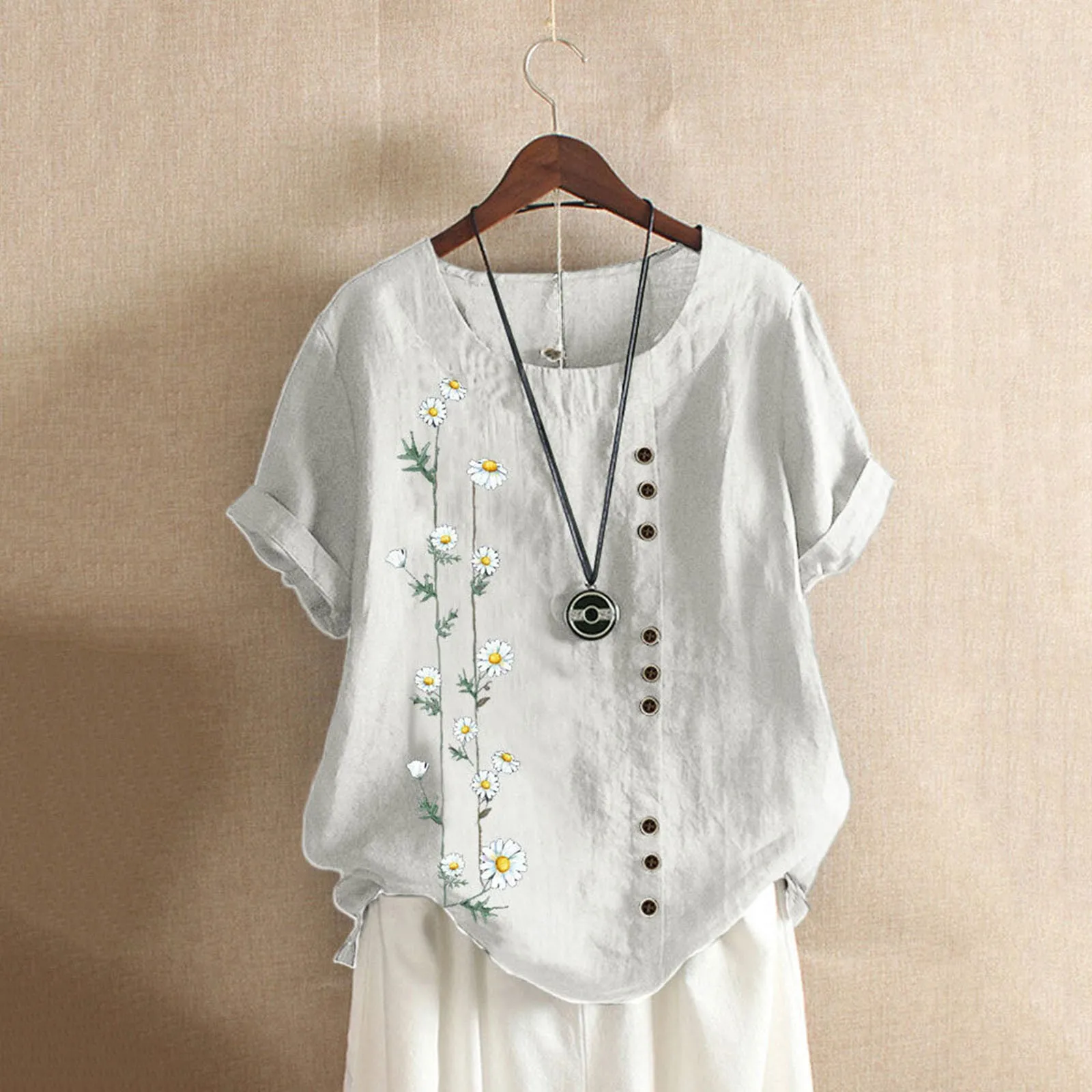 

Cotton Linen Embroidery Women Shirts Summer New Elegant Vintage Floral Short Sleeve Casual Work Wear Tops Blouses