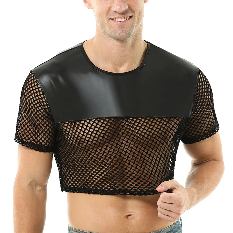 Men Leather Mesh Tops See Through Cropped T-shirts Transparent Fishnet Tee Short Sleeve Shirts Night Clubwear