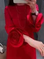 GALCAUR-فساتين مزينة بقطع القماش للنساء ، فساتين قصيرة ، رقبة مستديرة ، أكمام طويلة ، أحادية اللون ، فستان فضفاض غير رسمي ، ملابس نسائية ، خريف 1