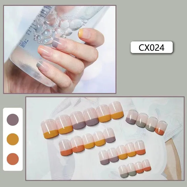 24pcs/box Fake Nails Press on Short Reusable with Designs Set French Artificial Pink False Tipsy Stick-on Nails Tips Art CX024