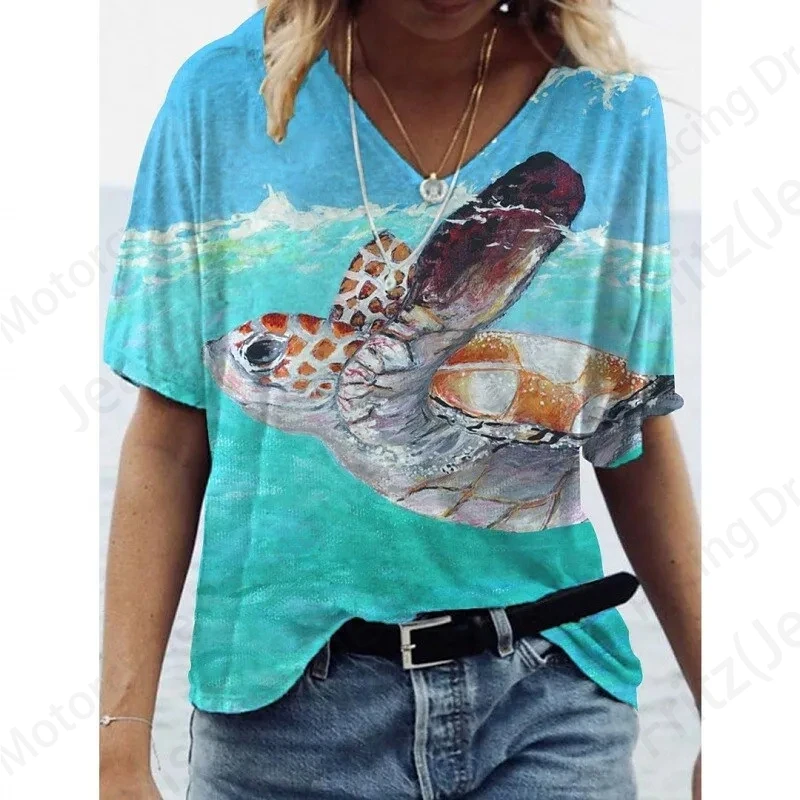 

Summer Women T-shirt 3d Sea Turtle Print Tshirt Women Fashion T-shirt V-Neck Oversized Hawaii T Shirt Women's Clothing Anime Y2K