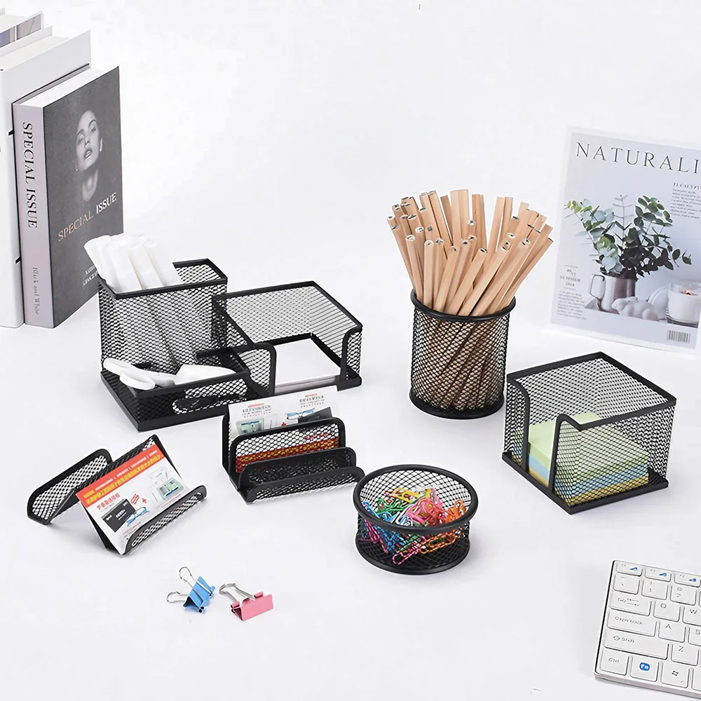 6Pcs Desktop Storage Box Metal Mesh Storage Rack Office Metal Desktop Organizers Pen Holder Set: 3 - 5 Days Free Delivery Only UK