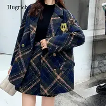 

Long Sleeve Blazer Jacket and High Waist Mini Skirt for Women Warm 2 Piece Set in Tweed Wool Autumn and Winter
