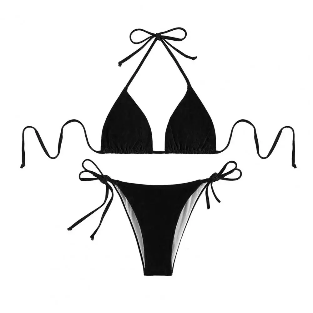 2025 Women White Bikini Chest Padded New Sexy Halter Bikini Two-Piece Set With Drawstring Straps Solid Brazilian Bathing Suit