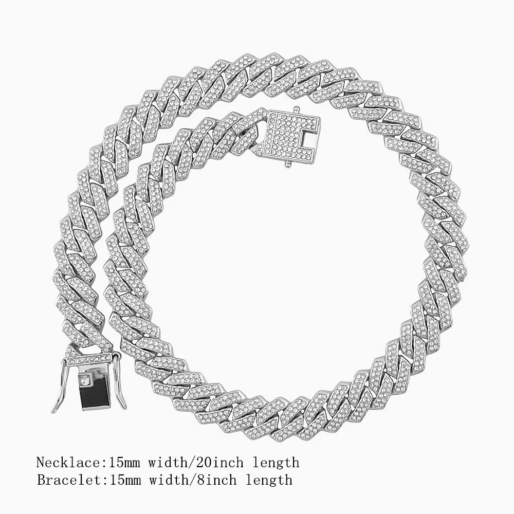 3PCS Iced Out Watches for Men Gold Wristwatch 15mm Cuban Link Chain Bracelet Necklace Diamond Hip Hop Jewelry Set for Man Clock