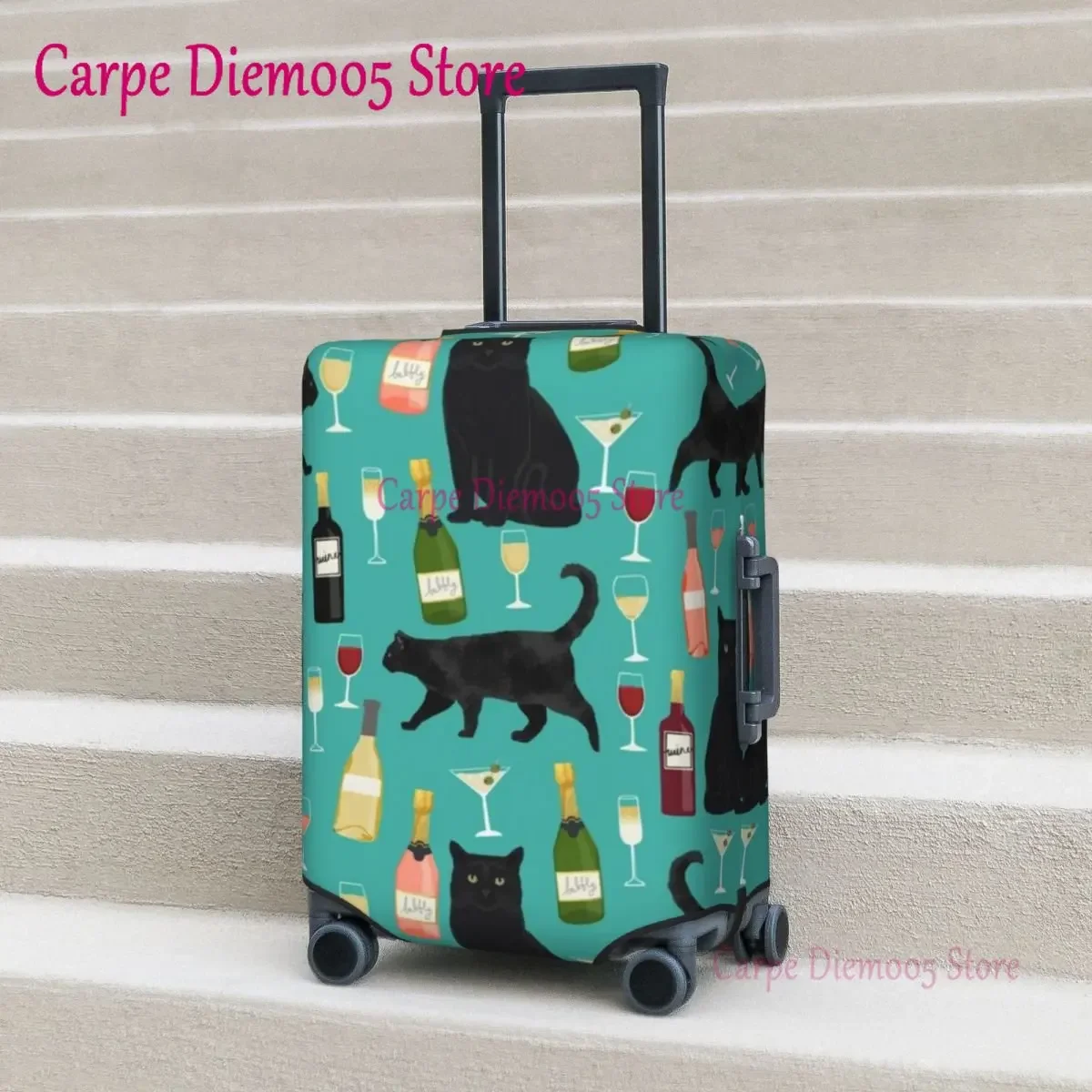

Colorful Wine Print Suitcase Cover Holiday Funny Black Cat Elastic Luggage Case Travel Protector
