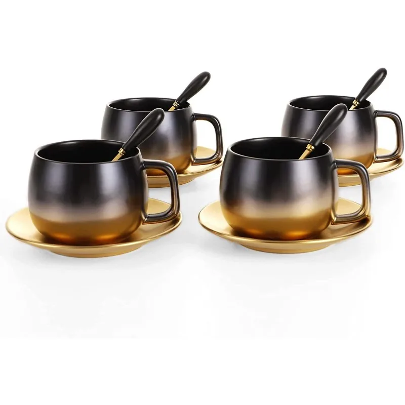 European Style Tea Coffee Cup Set Black Gold Gradual Vintage Ceramic Cup Coffee Mug With Spoon&Saucer Set Used