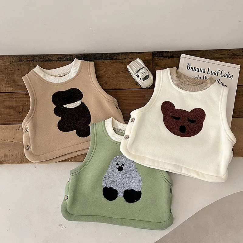 Autumn And Winter Baby Boys And Girls Cute Cartoon Plus Velvet Vest Children's Casual Warm Vest