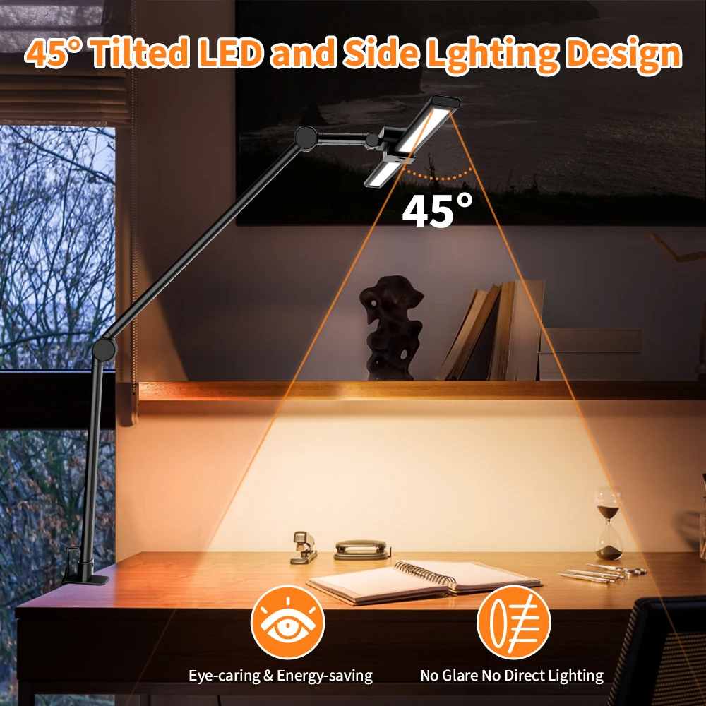 24W Double Head Desk Lamp with Clamp Led Desk Lights for Home Office 4 Brightness 4 Color Auto Dimming Task Lamp 3