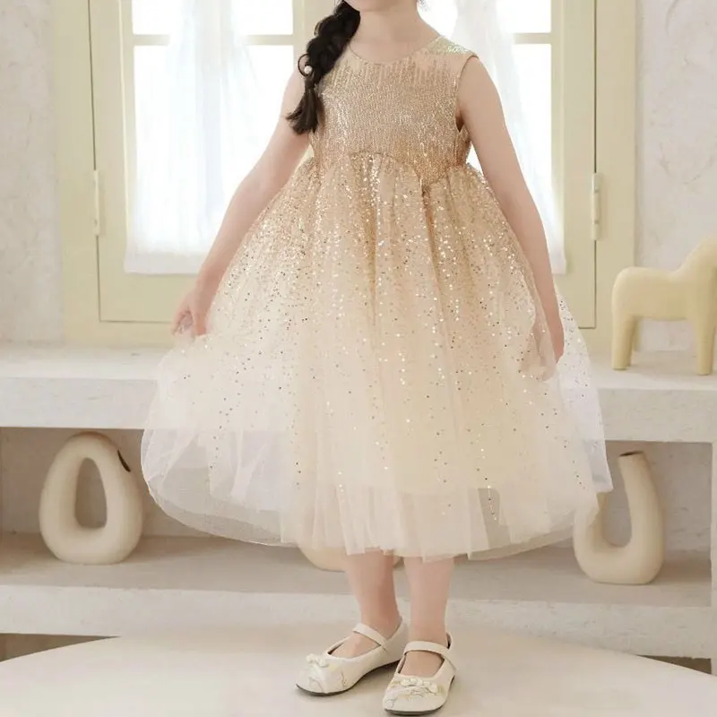 

Elegant Fashion Harajuku Slim Fit Children Clothes Loose Casual All Match Princess Skirt Sequins O Neck Sleeveless Girls Dresse