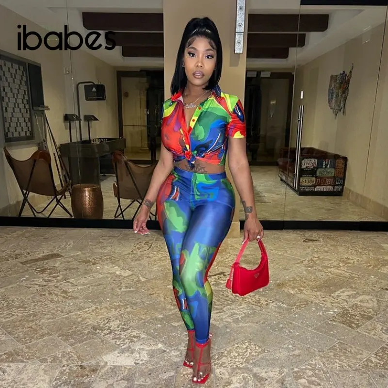 Tie Dye Women 2 Piece Set Lapel Neck Crop Blouse Skinny Pencil Pants Matching Set 2023 Summer Sexy Night Club Party Tracksuits