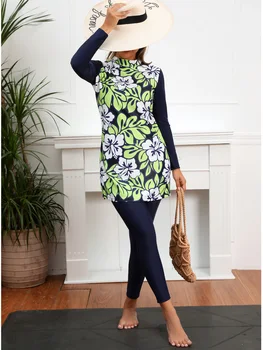 3 Pcs/Set Muslim Swimwear Women's Printed Stretch Full Cover Islamic Clothing Hijab Long Sleeve Sports Swimwear Burkini Swimwear