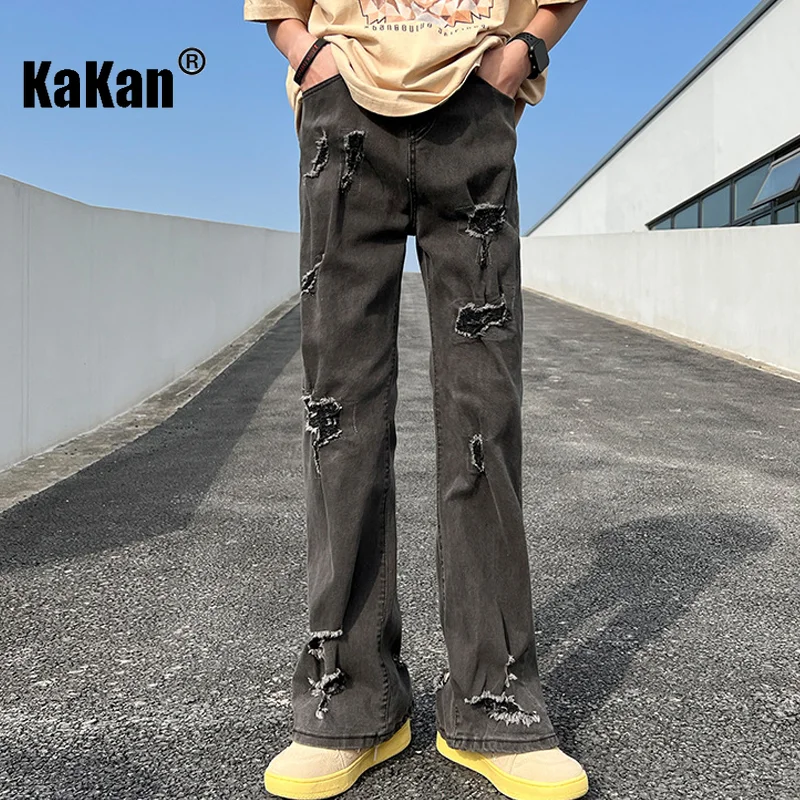 Kakan - New Men's Stretch Perforated Jeans, European and American Loose Straight Length Black Jeans K24-ASN715