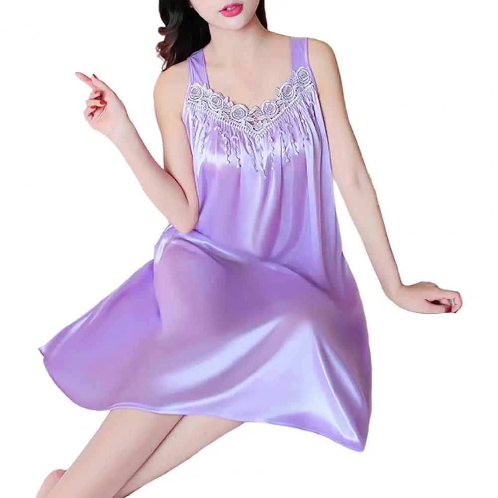 Women Nightdresses Solid Color Sleeveless Knee Length Breathable Great Stitching Women Nightie Lady Pajamas