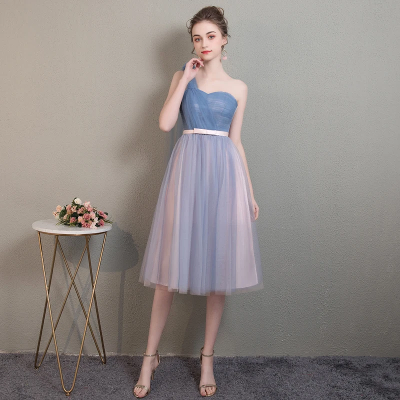 

Sweet Memory M79 Prom Dresses Bridesmaid Gown Girl Women One Shoulder Pink Satin Grey Blue Tulle Wedding Party Dress