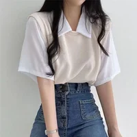 Haut à col polo bloquant les documents de style académie d'été pour femmes, faux t-shirt deux pièces à manches courtes, chemisier décontracté polyvalent, paresseux, adt 4