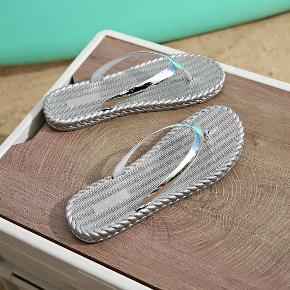 Fashion Holiday Silver Glossy Flip Flops Waterproof Flat Seaside Sandals Shoes Non-Slip Vacation Beach Slippers Outdoor