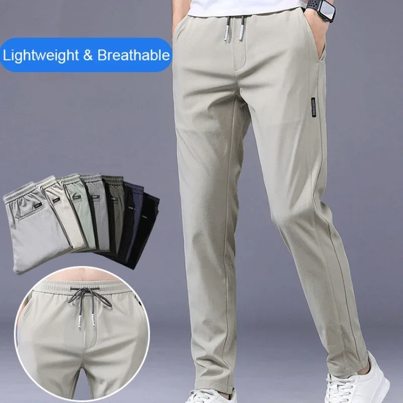 Men Fast Dry Stretch Pants Ice Silk Trousers Solid Color Mid-Waist Loose Breathable Straight-Leg Casu Men Clothing