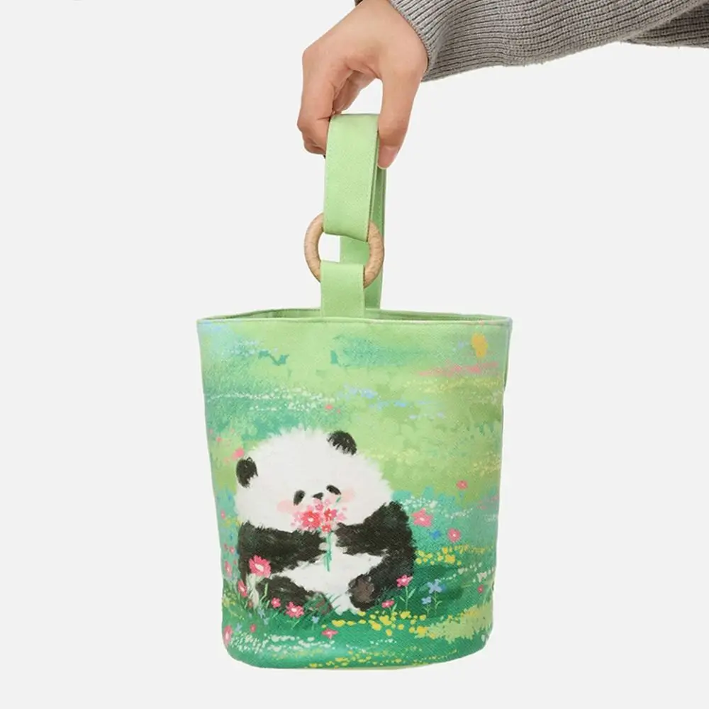 

Korean Style Cute Panda Bucket Bag Simple Tote Bag Large Capacity Canvas Handbag Lunch Bag Mummy Bag Storage Bag