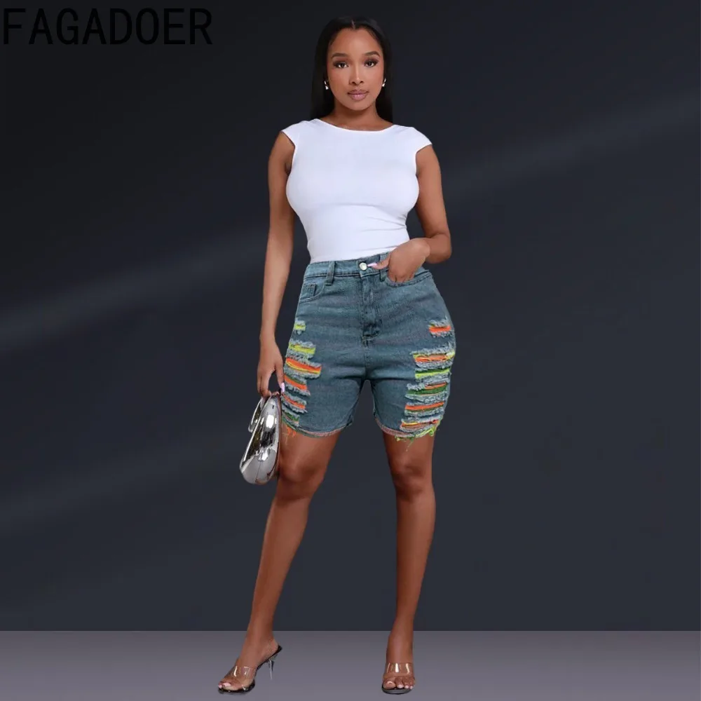 FAGADOER Summer New Hole Tassels Denim Shorts Women High Waisted Button Pocket Skinny Shorts Fashion Female Cowboy Bottoms 2024