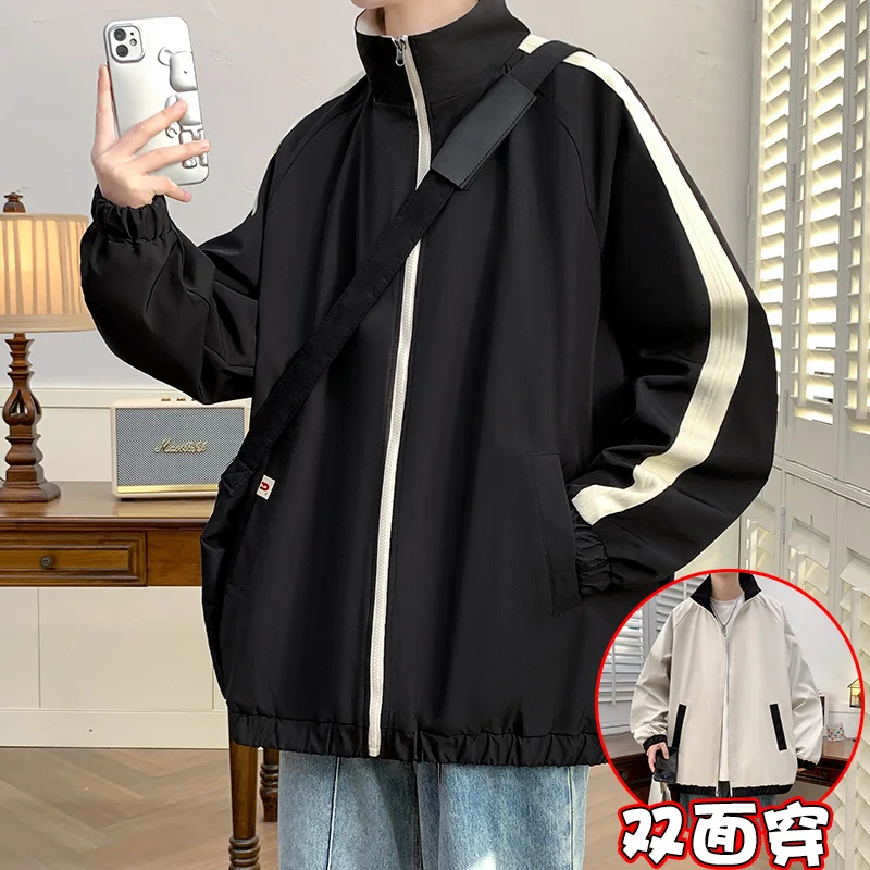 Spring New Large Size Double Faced Jacket for Men with Standing Neck, Trendy Brand Stripes, Versatile Double Faced Coat for Men