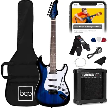 Best Choice Products 39in Full Size Beginner Electric Guitar Starter Kit w/Case, Strap,10W Amp,Pick,Tremolo Bar - Hollywood Blue