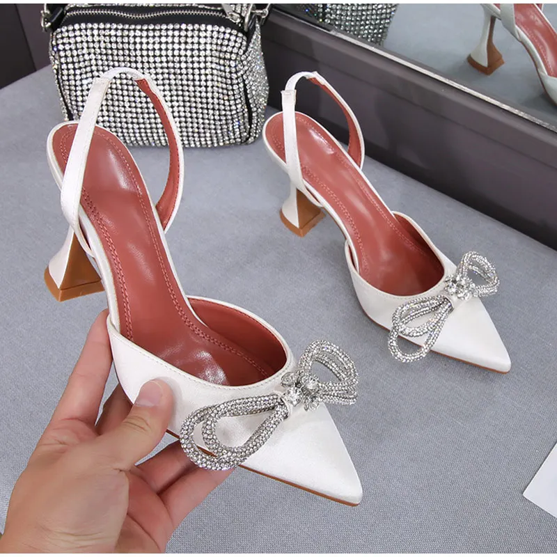 New Women Sandals Pointed Toe Butterfly Knot Crystal  Female Pumps Flock Thin High Heels Sexy Plus Size Ladies Fashion Shoes