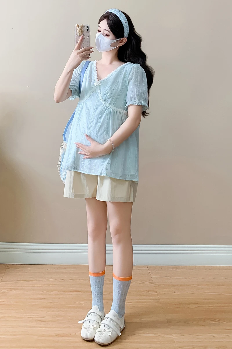 2026 여름 임산부 셔츠 반팔 V넥 하이웨이스트 레이스 패치워크 임산부 블라우스 스윗 플러스 사이즈 임부복 상의