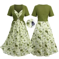 ROSEGAL Plus Size Women Floral Sundress Set Lace Up Ribbed Crop Top And Ruffles Floral Leaf Print Twist Cami Dres New Arrived