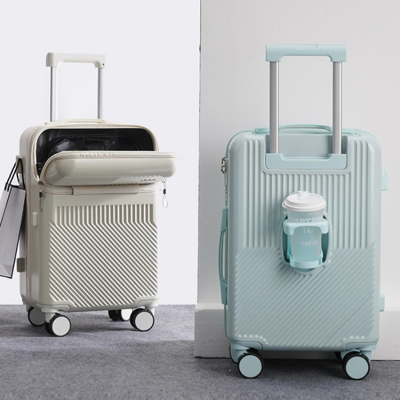 

2024 New fashion Front Opening 20 Inch Boarding Suitcase Travel suitcases with Wheel ABS+PC rolling luggage case with Cup holder