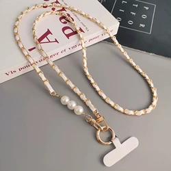 Elegant Pearl and Leather Crossbody Phone Lanyard Strap (Crossbody lanyard A)