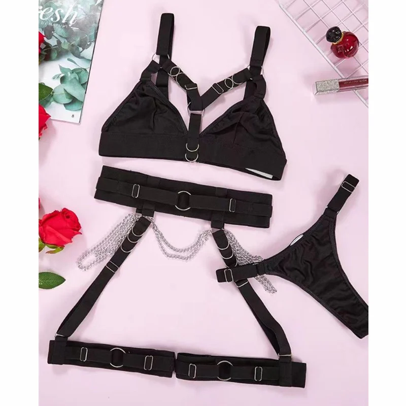 

Women Sexy Strap Bra Top + Chain Brief Suit Set Underwear Sleepwear Home Costume Chain Decor Garter Lingerie Two Piece Set