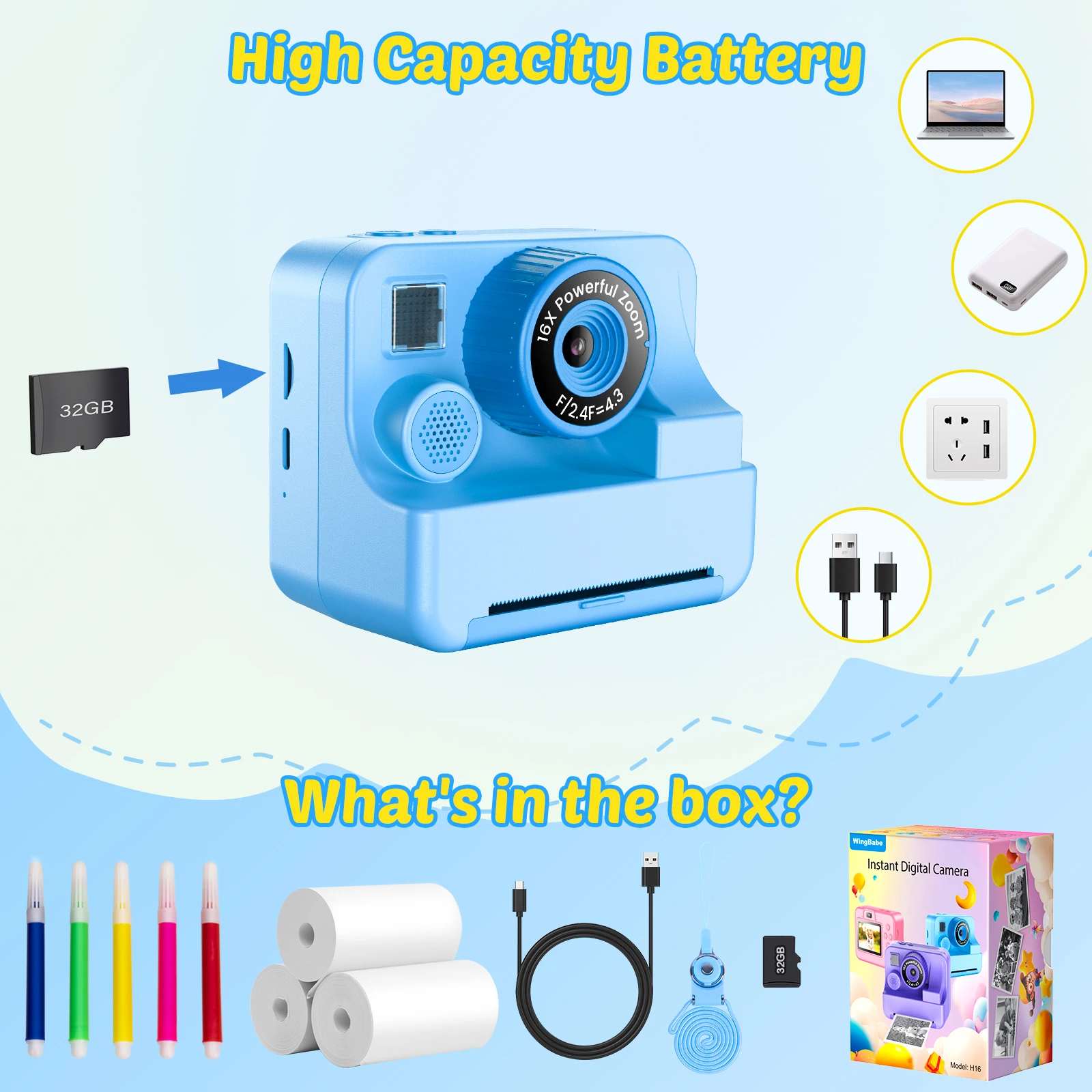 Children's Instant Print HD Selfie Camera - Perfect Gift for Holidays and Birthdays