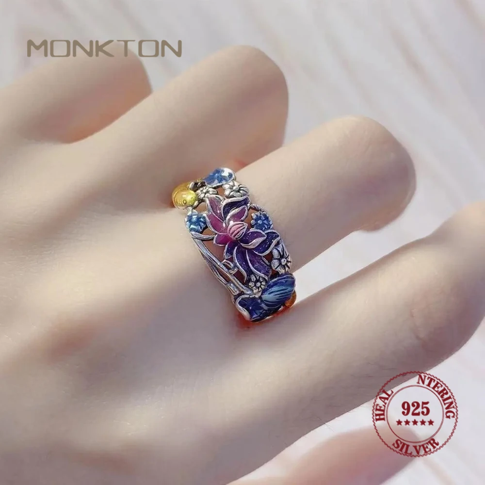 Monkton Vintage Koi Lotus Ring All Classic Oil Craft Viola Blue Fish Flower Anelli Aperti Regolabili Per Gioielli Da Donna Bijoux