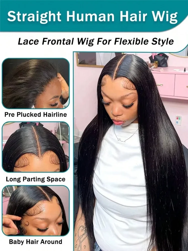 40 Zoll 13x6 HD Lace Front Perücke aus brasilianischem Echthaar, sofort tragbar, glattes Echthaar, 250% Dichte, vorgezupft – Detail 7