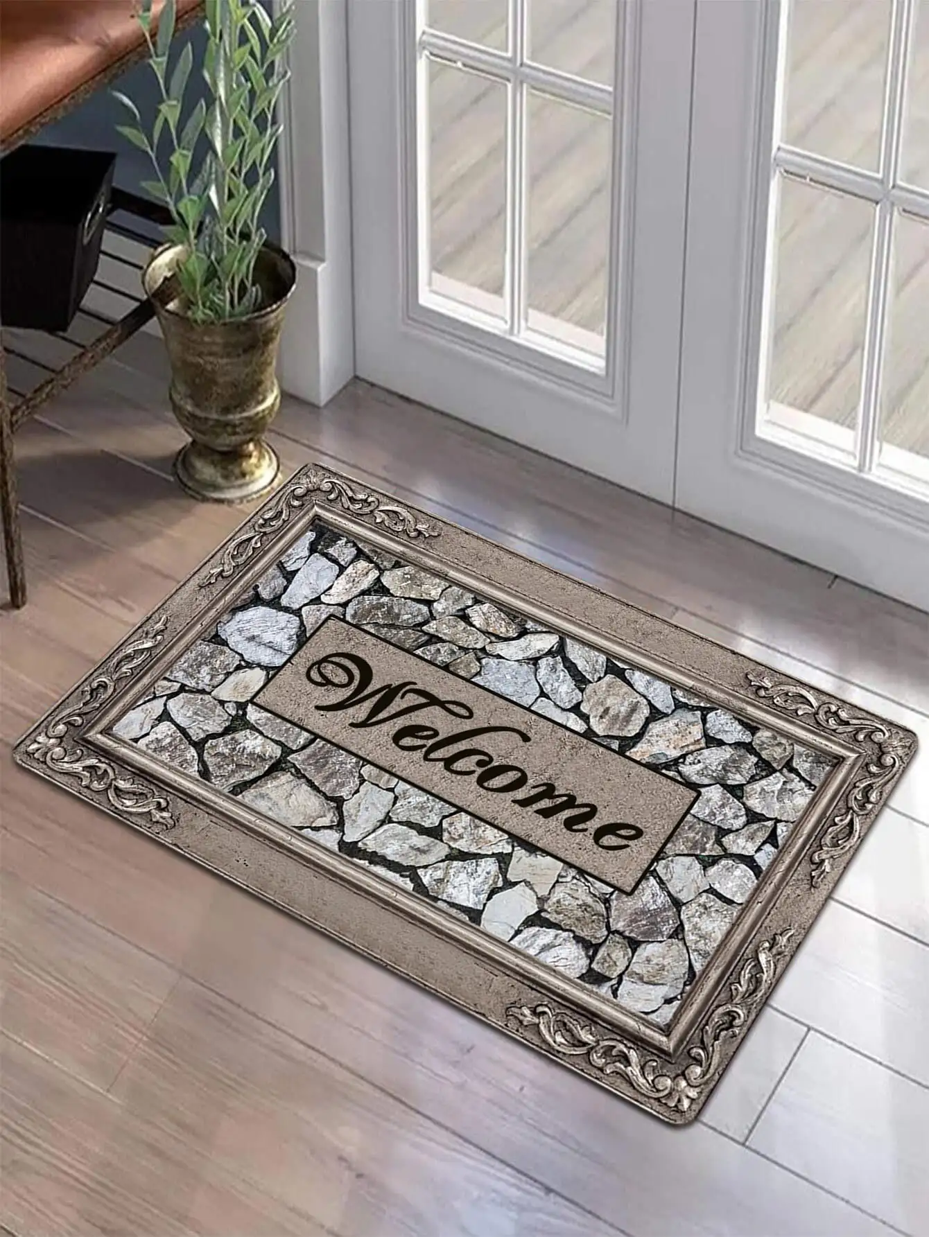 Description Picture 6 of item1pc Wood Grain & Stone Letter Patterned Door Mat Velvet Rectangle Rug For Entrance Living Room Kitchen Bathroom Bedside Carpet