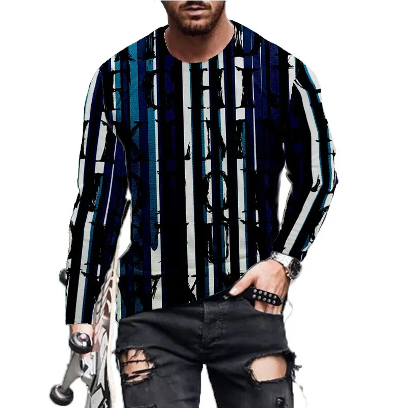 

Long Sleeved Striped Men's Fashionable Loose Casual Large Breathable 3D Printed Letters Street Hip-hop Spring AAnd AutumnT-shirt