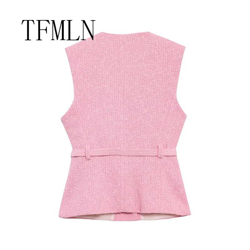 TFMLN New Spring Women Fashion Texture Vest Top With Belt O-Neck Sleeveless Pockets Decoration Casual Slim Waistcoat Tops