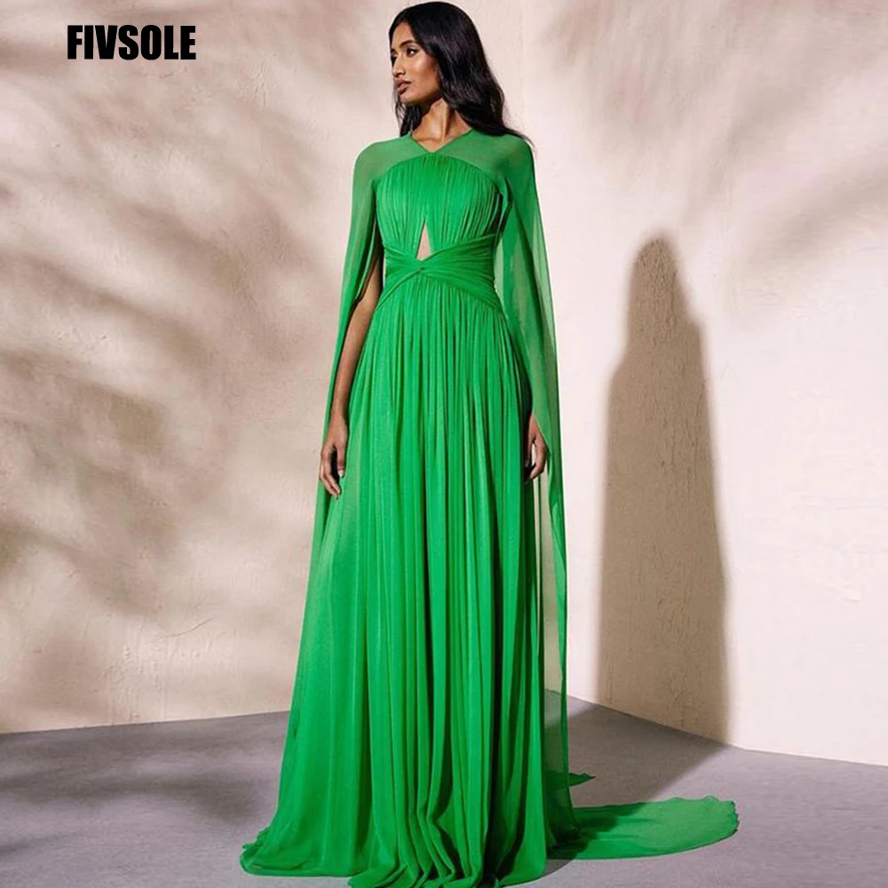 

Fivsole Modest Green Chiffon Evening Dresses Long Cape High Neck Pleat Beach Dubai Arabic Women Prom Gowns Vestidos De Noche