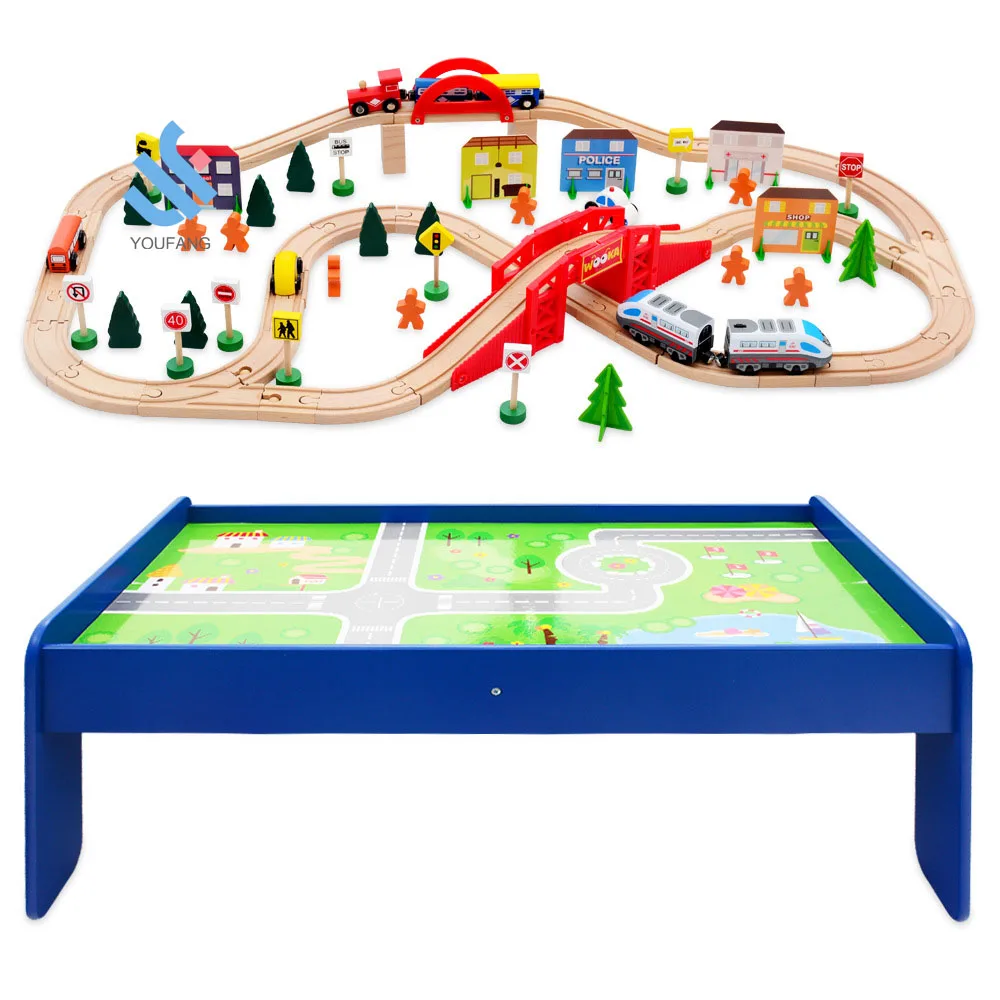 YF-Z2013 manufacturer OEM accept 90PCS urban rail overpass traffic scene combined wooden railway train toy with game table