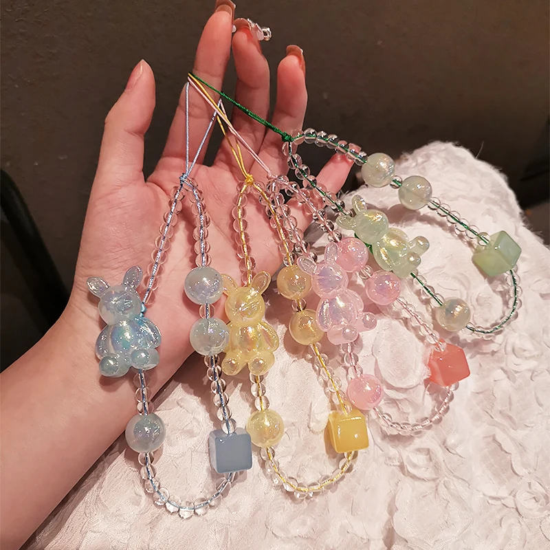 Short Hand-beaded Wrist Pendant Mobile Phone Lanyard Personality Pendant Cartoon Rabbit Rhinestone Bead Pendant Anti-lost Sling