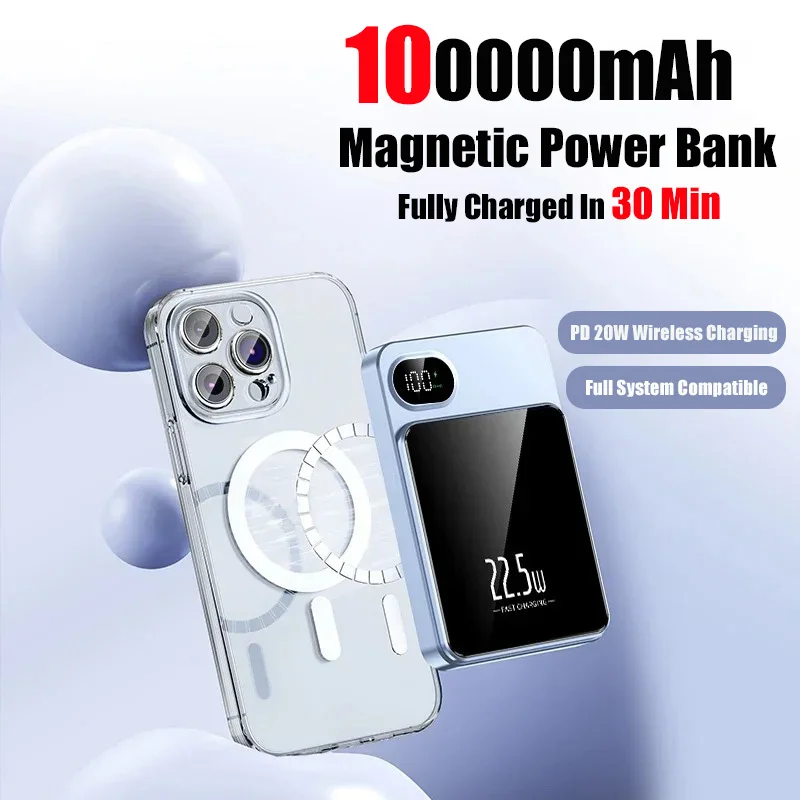 100000mAh Xiaomi Wireless Magnetic Power Bank 22.5W Fast Charging Portable Battery Charger For iPhone XiaoMi Samsung 2